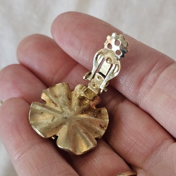 VTG Unsigned Kramer Jade Tree Bracelet Faux Pearl Clipon Earring Brooch Set Gold - Picture 13 of 16